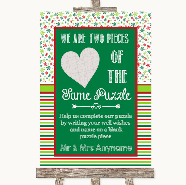 Red & Green Winter Puzzle Piece Guest Book Personalized Wedding Sign