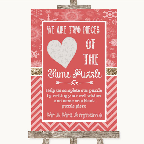 Red Winter Puzzle Piece Guest Book Personalized Wedding Sign