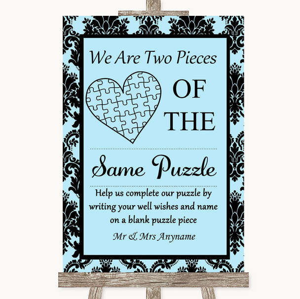 Sky Blue Damask Puzzle Piece Guest Book Personalized Wedding Sign