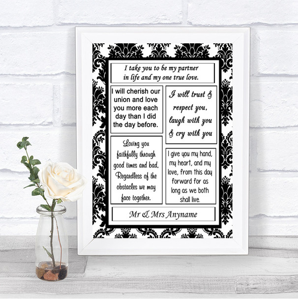 Black & White Damask Romantic Vows Personalized Wedding Sign