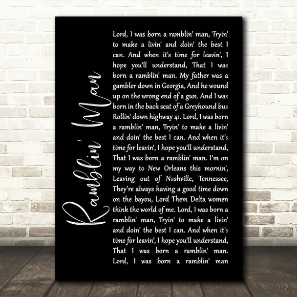 The Allman Brothers Band Ramblin' Man Black Script Song Lyric Wall Art Print