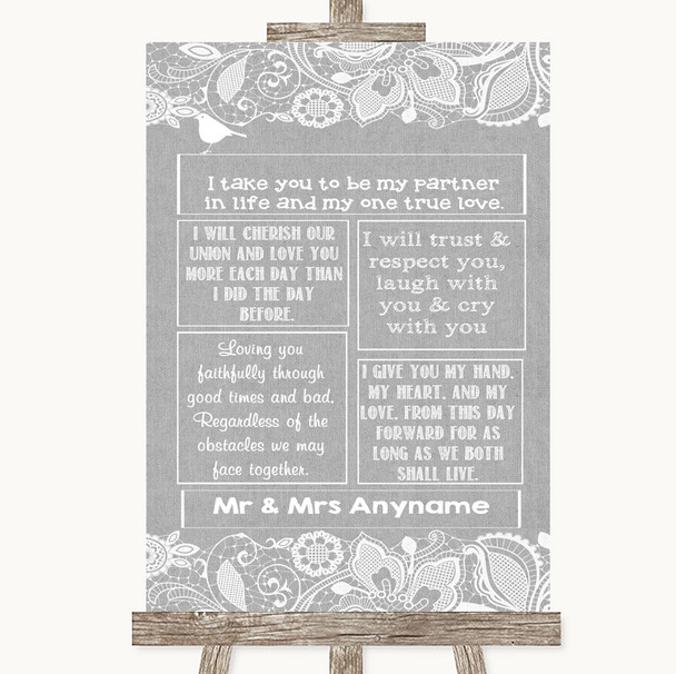 Grey Burlap & Lace Romantic Vows Personalized Wedding Sign