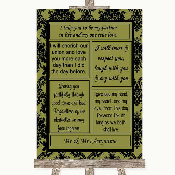 Olive Green Damask Romantic Vows Personalized Wedding Sign