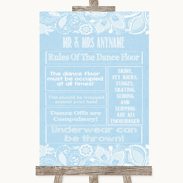 Blue Burlap & Lace Rules Of The Dance Floor Personalized Wedding Sign