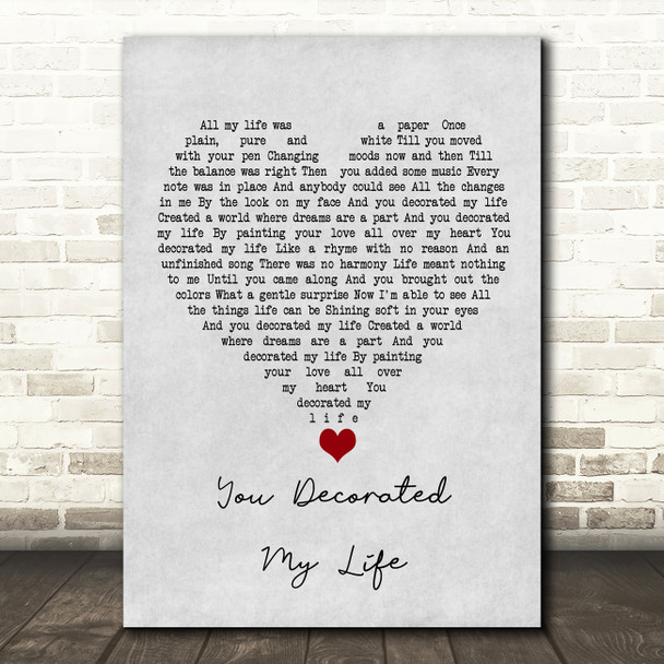 Kenny Rogers You Decorated My Life Grey Heart Song Lyric Wall Art Print