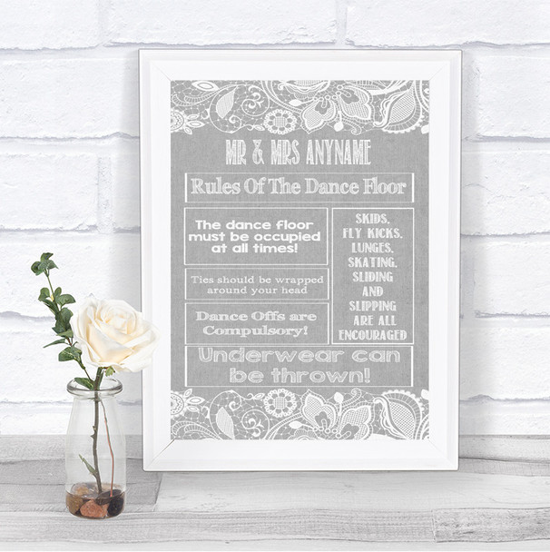 Grey Burlap & Lace Rules Of The Dance Floor Personalized Wedding Sign
