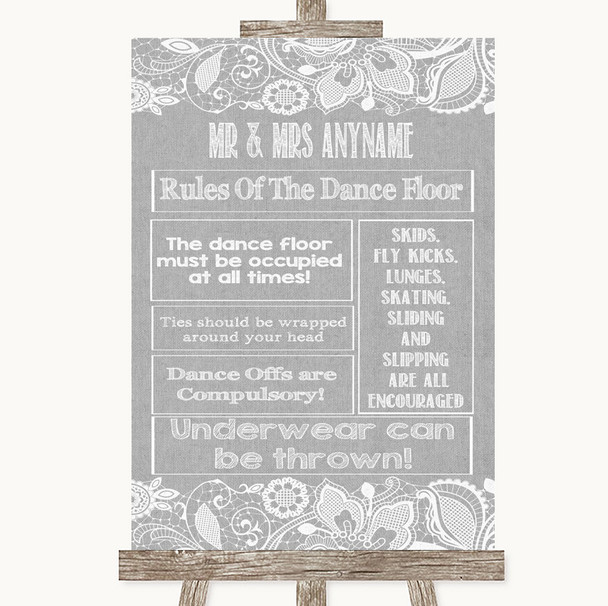 Grey Burlap & Lace Rules Of The Dance Floor Personalized Wedding Sign