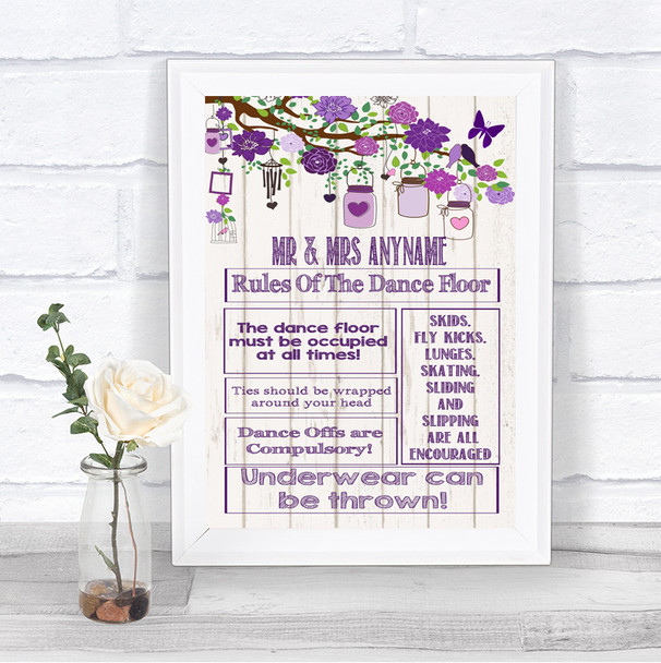 Purple Rustic Wood Rules Of The Dance Floor Personalized Wedding Sign