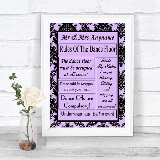 Lilac Damask Rules Of The Dancefloor Personalized Wedding Sign