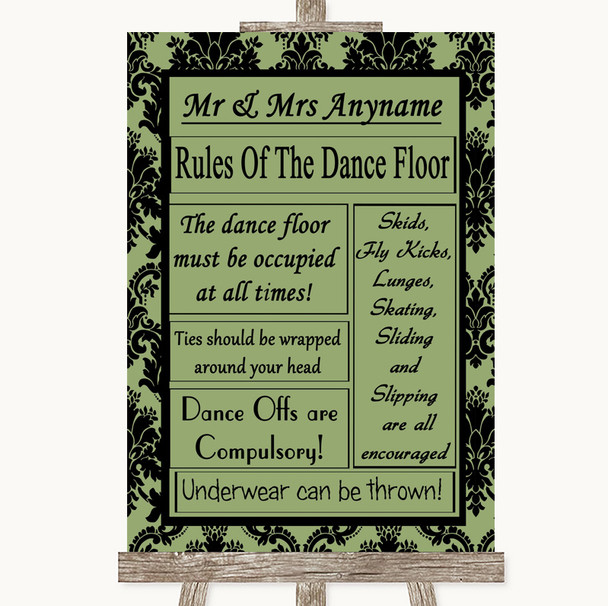 Sage Green Damask Rules Of The Dancefloor Personalized Wedding Sign