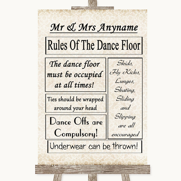 Shabby Chic Ivory Rules Of The Dancefloor Personalized Wedding Sign