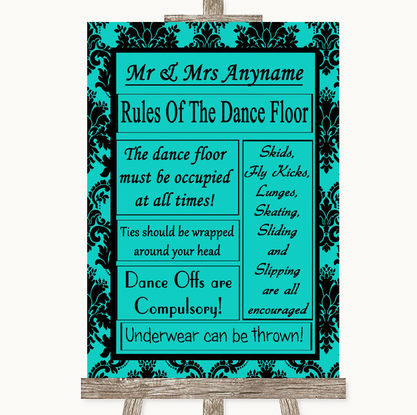 Turquoise Damask Rules Of The Dancefloor Personalized Wedding Sign