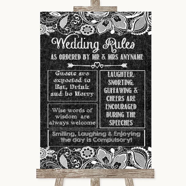 Dark Grey Burlap & Lace Rules Of The Wedding Personalized Wedding Sign