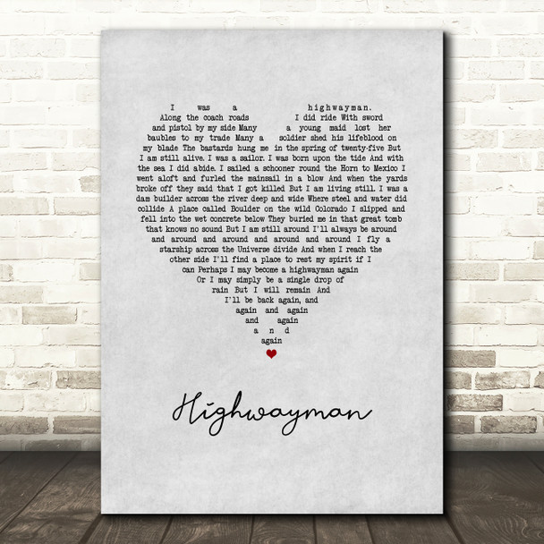 Johnny Cash Highwayman Grey Heart Song Lyric Wall Art Print