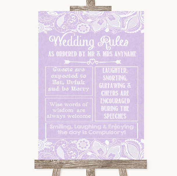 Lilac Burlap & Lace Rules Of The Wedding Personalized Wedding Sign