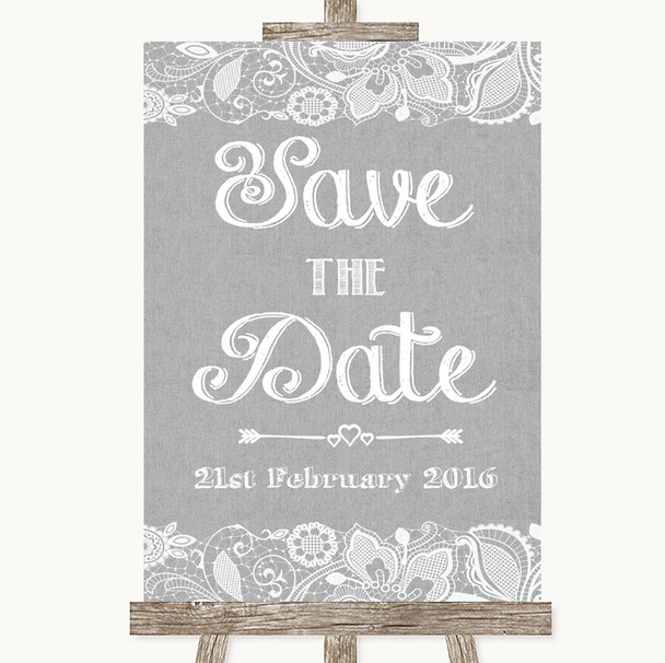 Grey Burlap & Lace Save The Date Personalized Wedding Sign