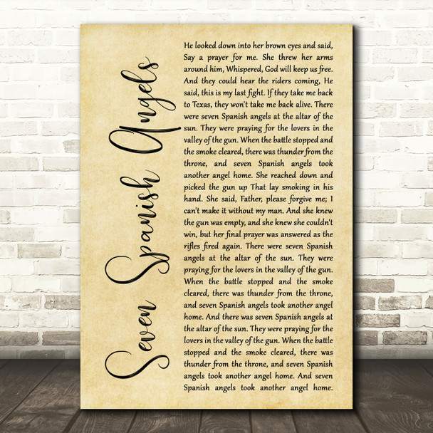 Ray Charles & Willie Nelson Seven Spanish Angels Rustic Script Song Lyric Wall Art Print