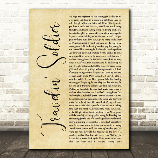 Dixie Chicks Travelin' Soldier Rustic Script Song Lyric Wall Art Print