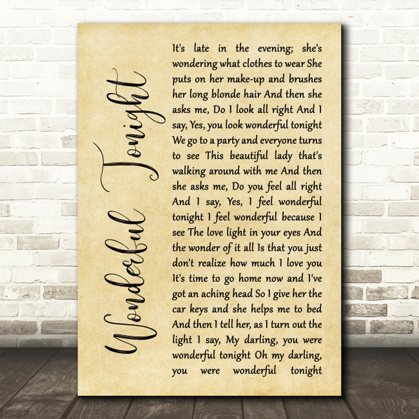 Eric Clapton Wonderful Tonight Rustic Script Song Lyric Wall Art Print