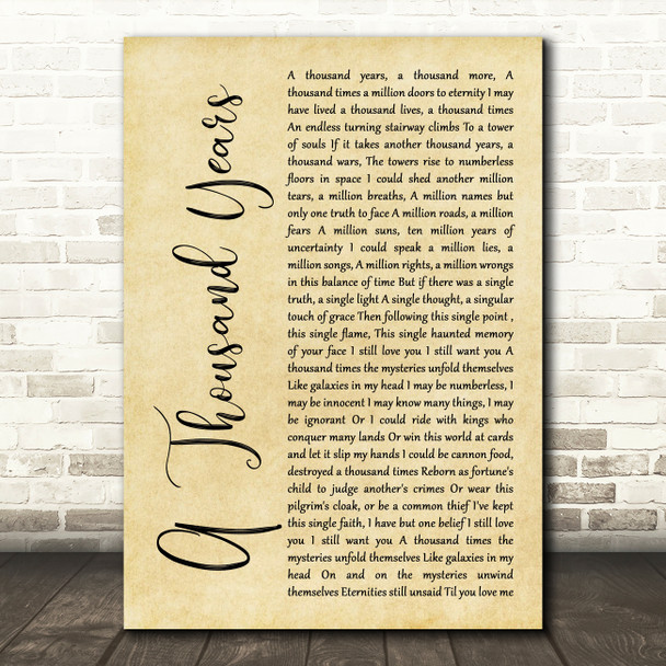 Sting A Thousand Years Rustic Script Song Lyric Wall Art Print