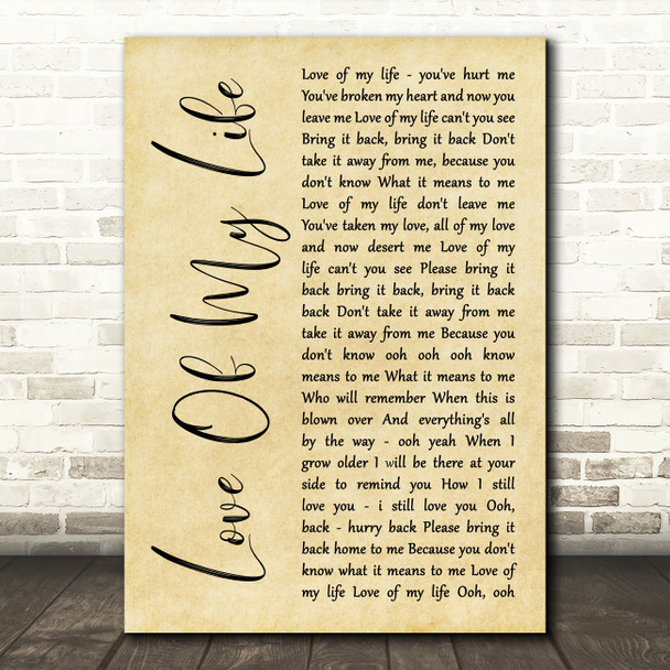 Scorpions Love Of My Life Rustic Script Song Lyric Wall Art Print