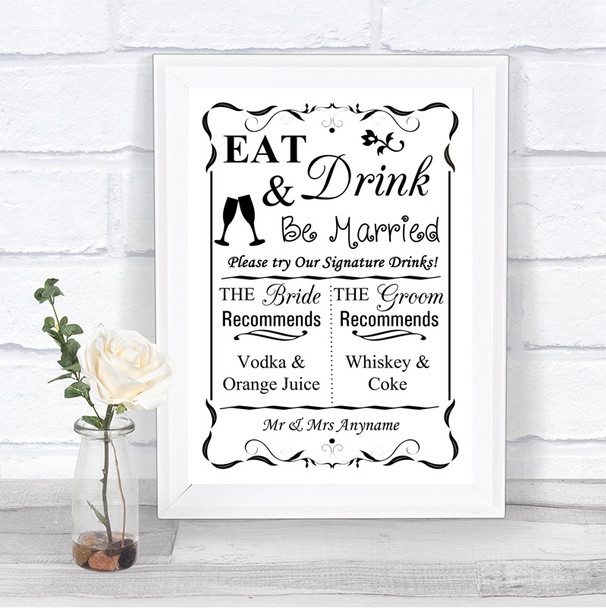 Black & White Signature Favourite Drinks Personalized Wedding Sign