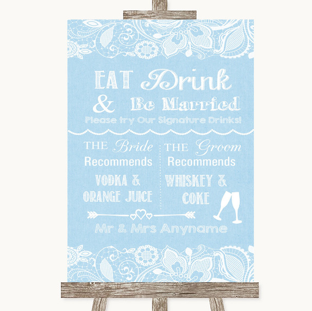 Blue Burlap & Lace Signature Favourite Drinks Personalized Wedding Sign