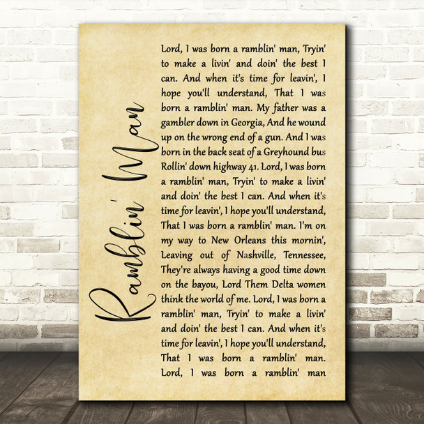 The Allman Brothers Band Ramblin' Man Rustic Script Song Lyric Wall Art Print