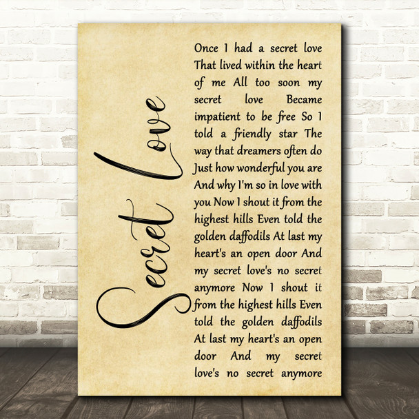 Doris Day Secret Love Rustic Script Song Lyric Wall Art Print