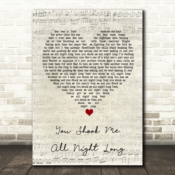 AC DC You Shook Me All Night Long Script Heart Song Lyric Wall Art Print