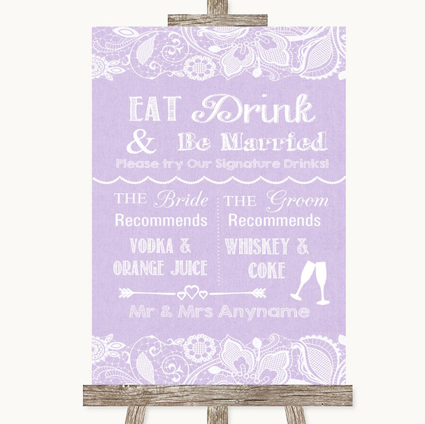 Lilac Burlap & Lace Signature Favourite Drinks Personalized Wedding Sign