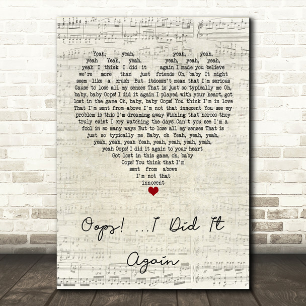 Britney Spears Oops! ...I Did It Again Script Heart Song Lyric Wall Art Print