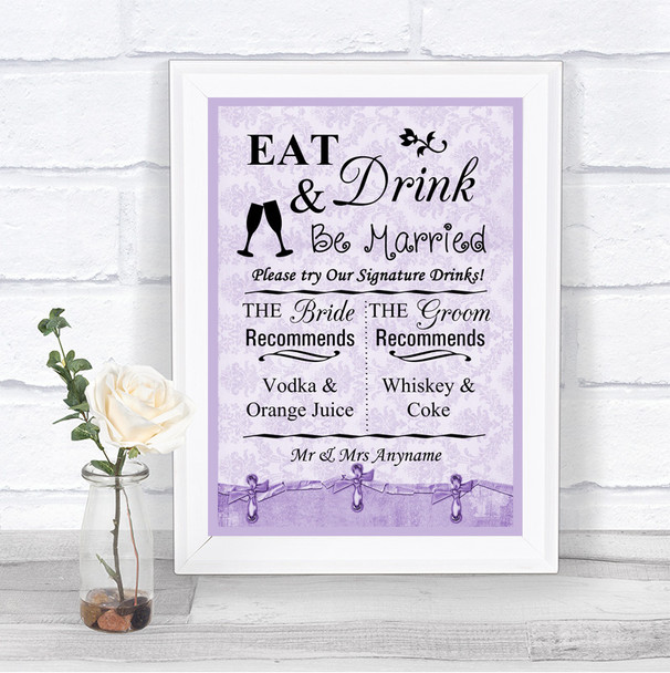 Lilac Shabby Chic Signature Favourite Drinks Personalized Wedding Sign