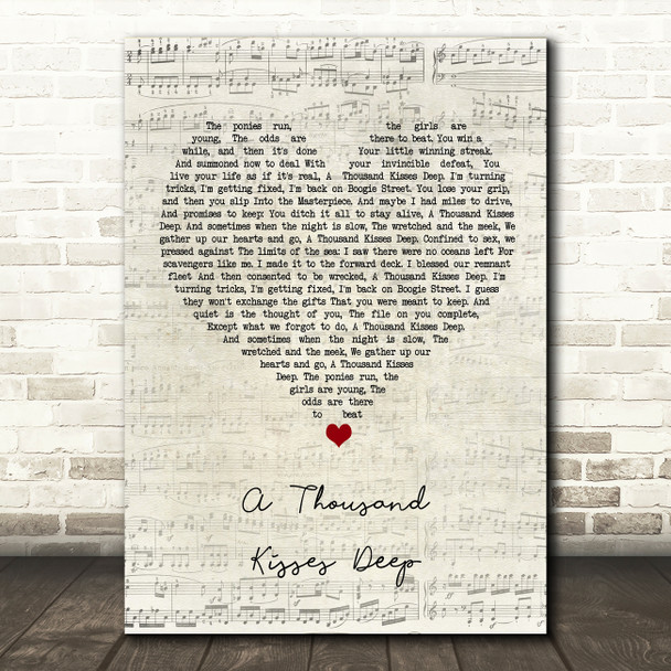 Leonard Cohen A Thousand Kisses Deep Script Heart Song Lyric Wall Art Print