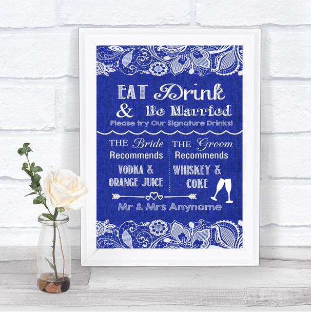 Navy Blue Burlap & Lace Signature Favourite Drinks Personalized Wedding Sign