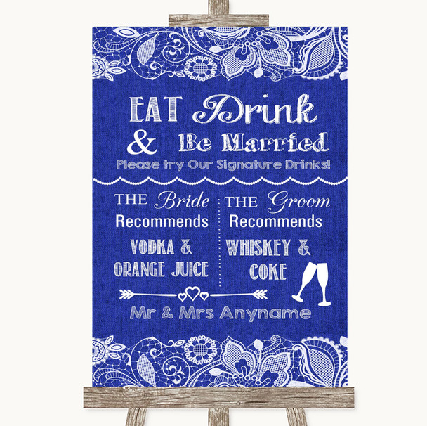 Navy Blue Burlap & Lace Signature Favourite Drinks Personalized Wedding Sign