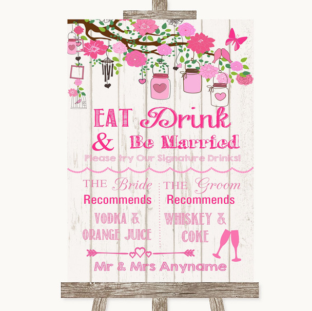 Pink Rustic Wood Signature Favourite Drinks Personalized Wedding Sign