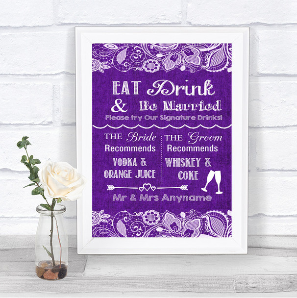 Purple Burlap & Lace Signature Favourite Drinks Personalized Wedding Sign