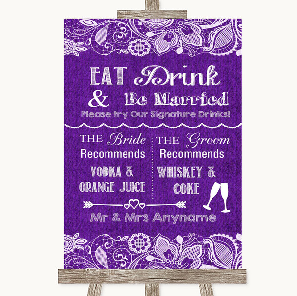 Purple Burlap & Lace Signature Favourite Drinks Personalized Wedding Sign