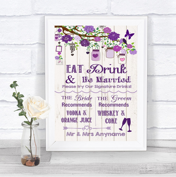 Purple Rustic Wood Signature Favourite Drinks Personalized Wedding Sign