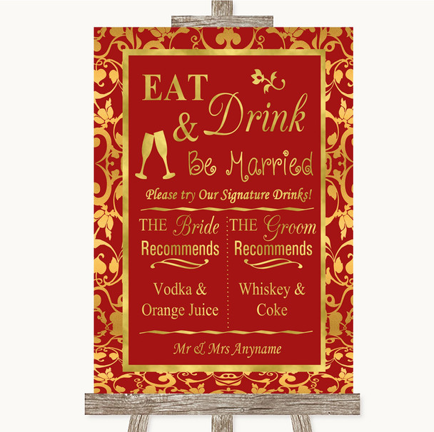 Red & Gold Signature Favourite Drinks Personalized Wedding Sign