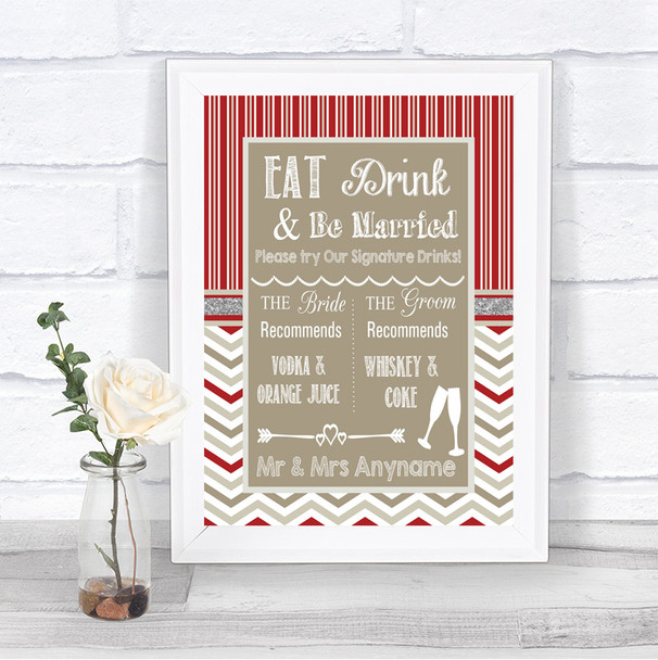 Red & Grey Winter Signature Favourite Drinks Personalized Wedding Sign