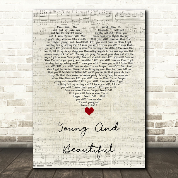 Lana Del Rey Young And Beautiful Script Heart Song Lyric Wall Art Print
