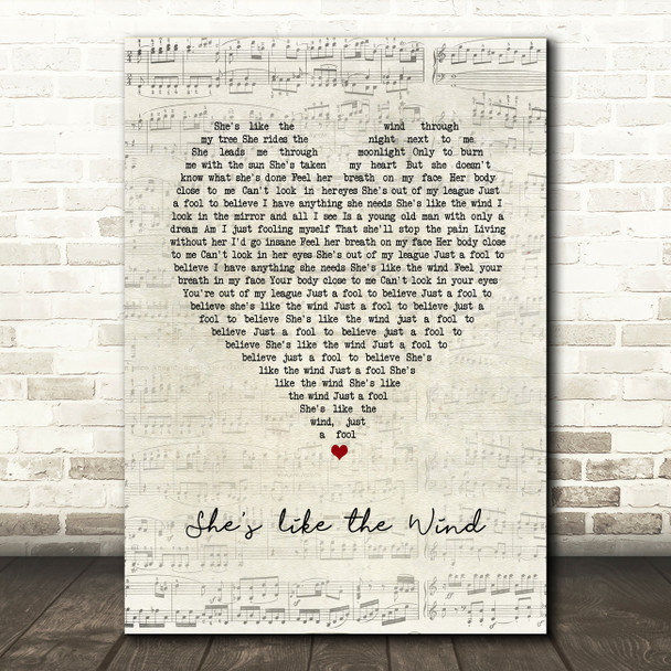 Patrick Swayze She's like the Wind Script Heart Song Lyric Wall Art Print