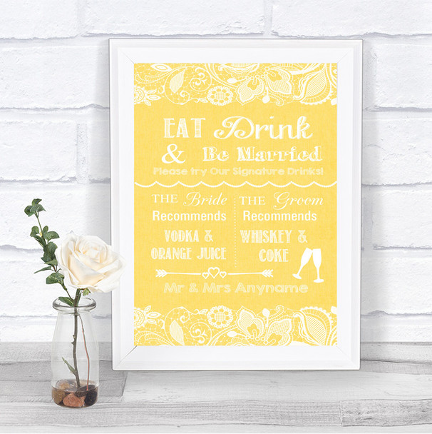 Yellow Burlap & Lace Signature Favourite Drinks Personalized Wedding Sign