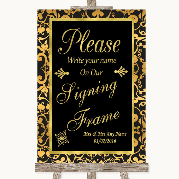 Black & Gold Damask Signing Frame Guestbook Personalized Wedding Sign