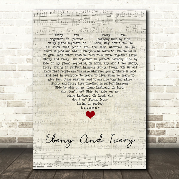 Paul McCartney Ebony And Ivory Script Heart Song Lyric Wall Art Print