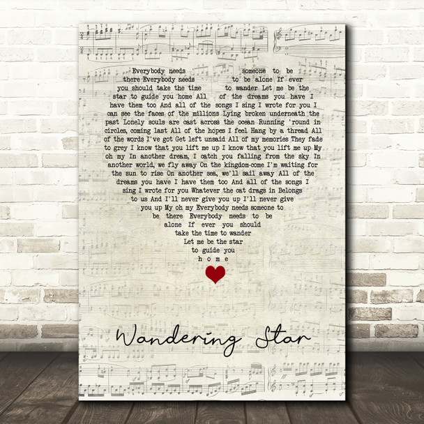 Noel Gallagher's High Flying Birds Wandering Star Script Heart Song Lyric Wall Art Print