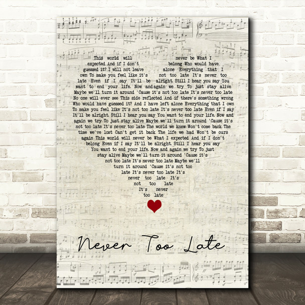 Three Days Grace Never Too Late Script Heart Song Lyric Wall Art Print