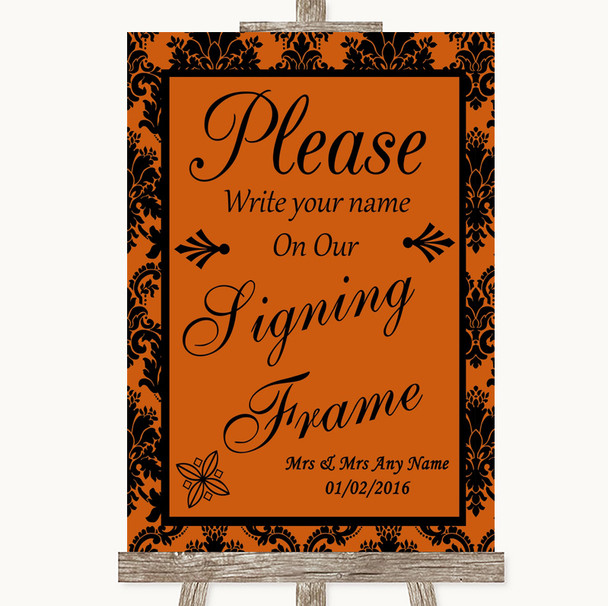 Burnt Orange Damask Signing Frame Guestbook Personalized Wedding Sign